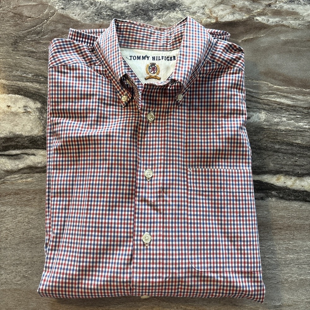 TOMMY HILFIGER - XL Men's Gingham Checkered Button-Down Shirt Red White Blue